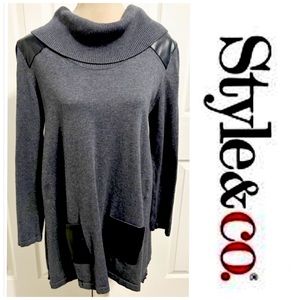 Style & Co Wide Cowl Neck Tunic Length Sweater With Faux Pockets & Patches
